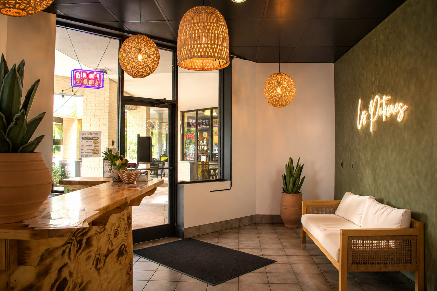 Los Patrones Mexican Grill entrance and interior in Greensboro