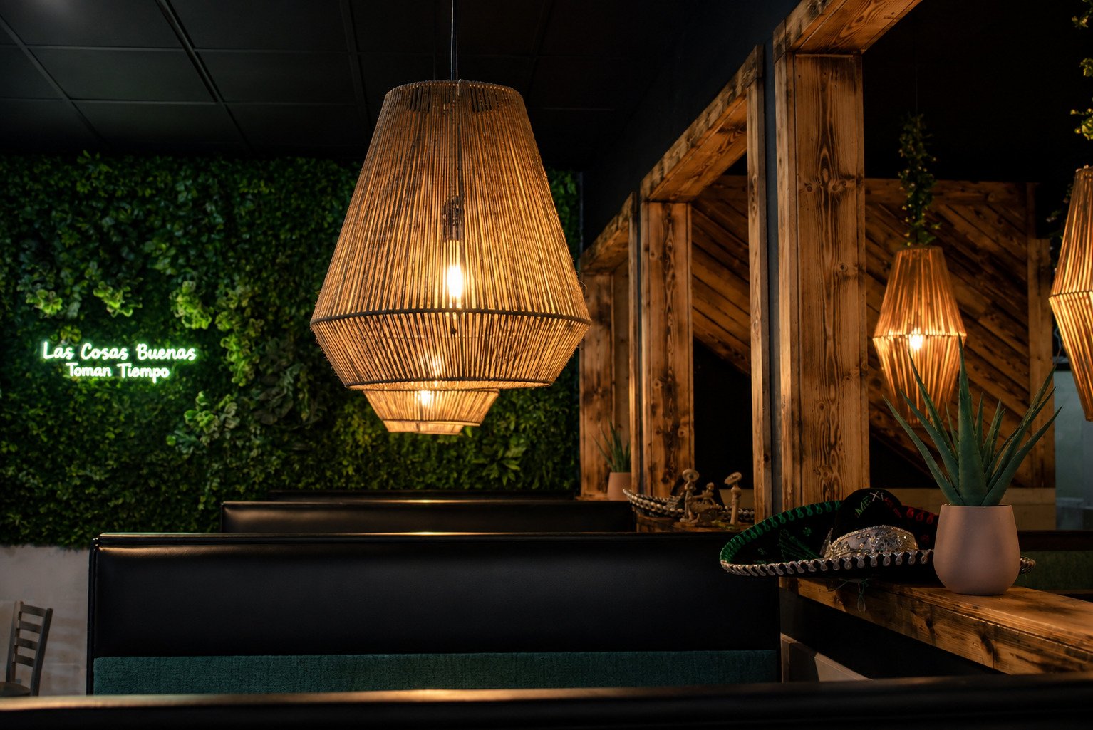 Interior decor with rattan lamps at Los Patrones Mexican Grill